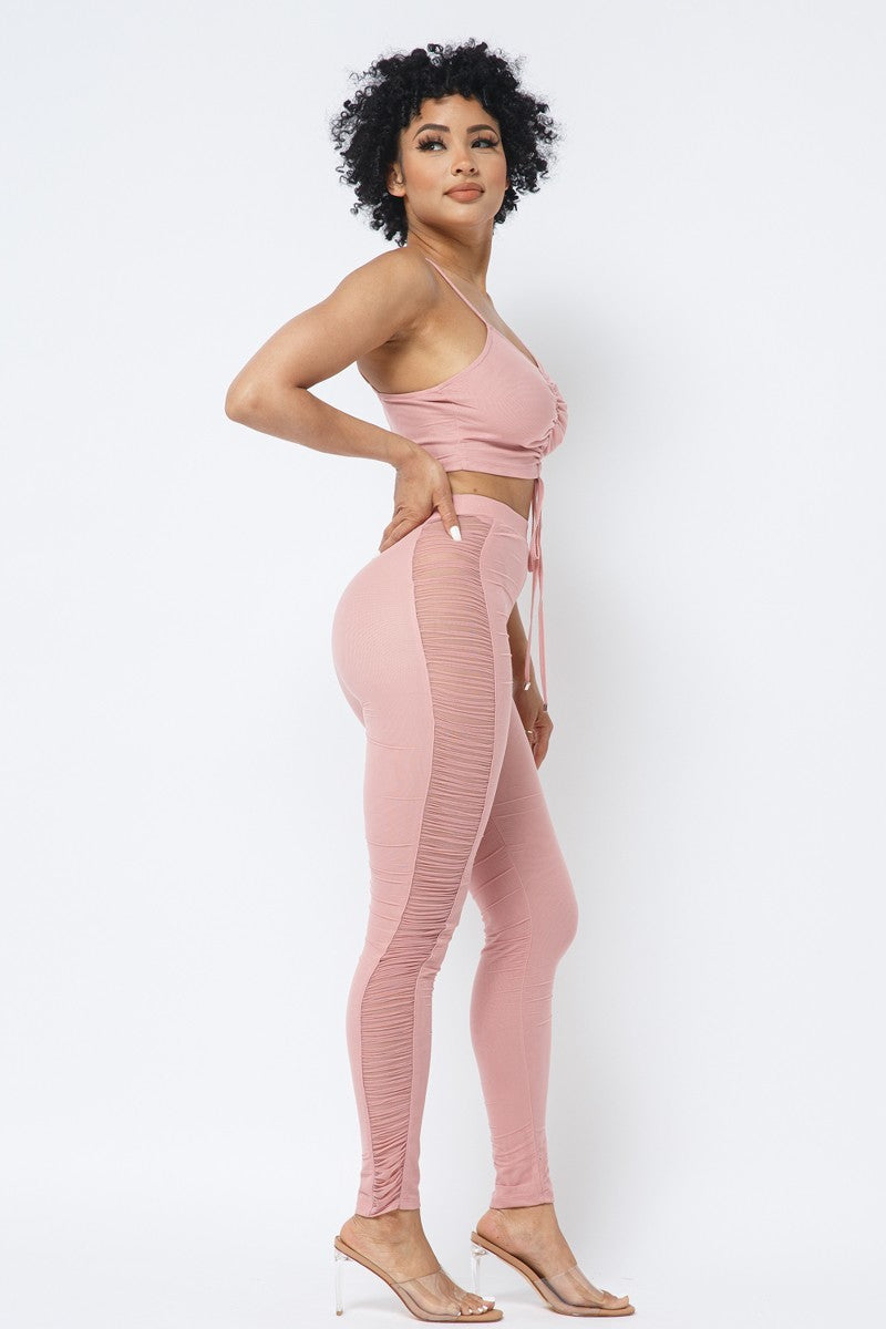 Mesh Strappy Adjustable Ruched Crop Top With Matching See Through Side Panel Leggings-Product Type | Naughty Smile Fashion