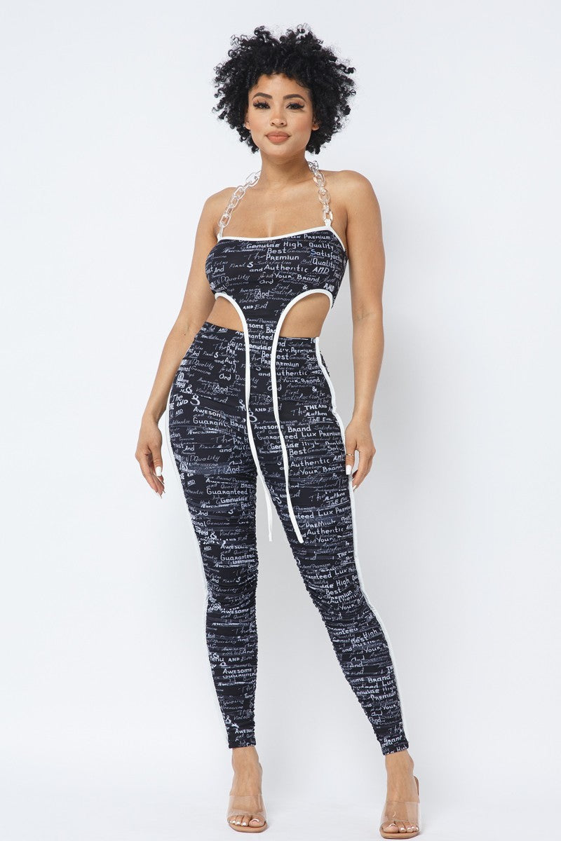 Mesh Print Crop Top With Plastic Chain Halter Neck With Matching Leggings-Product Type | Naughty Smile Fashion