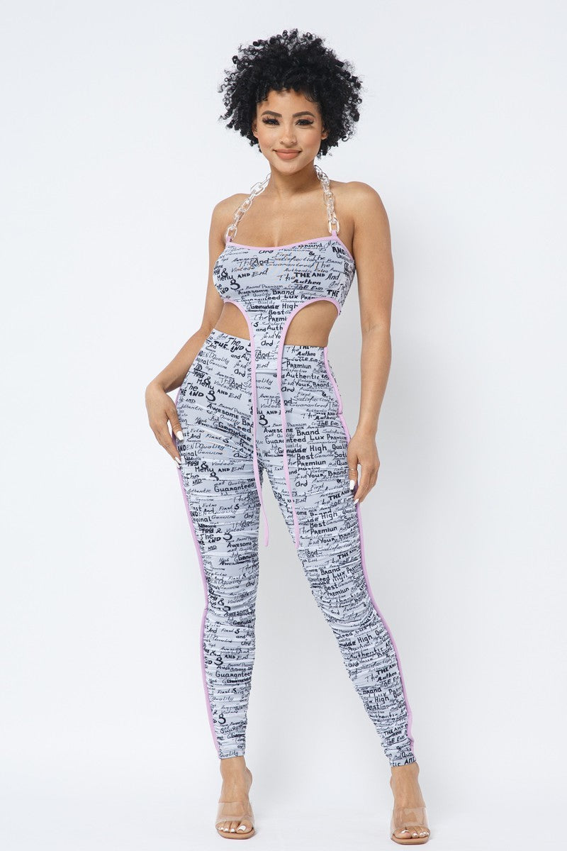 Mesh Print Crop Top With Plastic Chain Halter Neck With Matching Leggings-Product Type | Naughty Smile Fashion