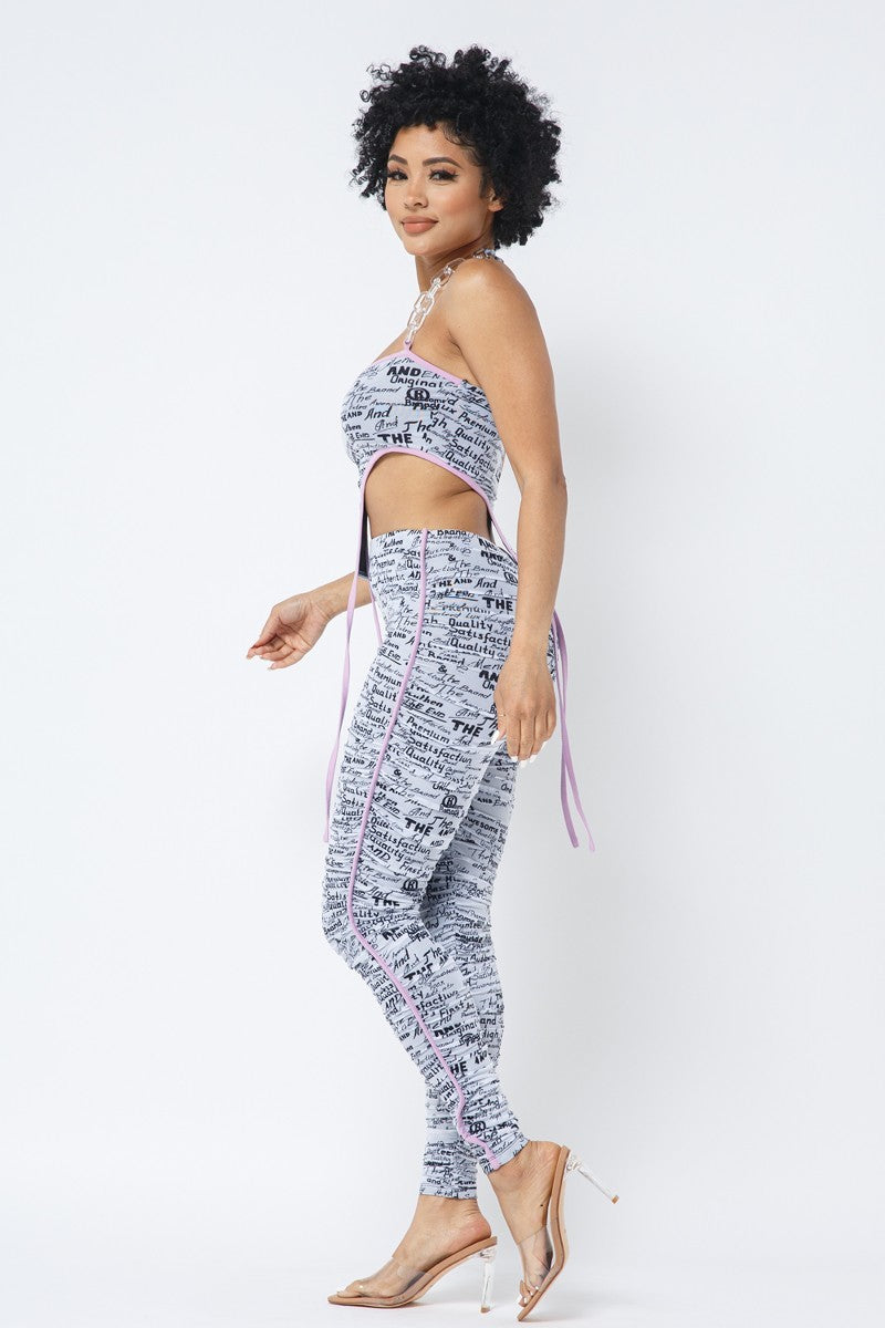 Mesh Print Crop Top With Plastic Chain Halter Neck With Matching Leggings-Product Type | Naughty Smile Fashion