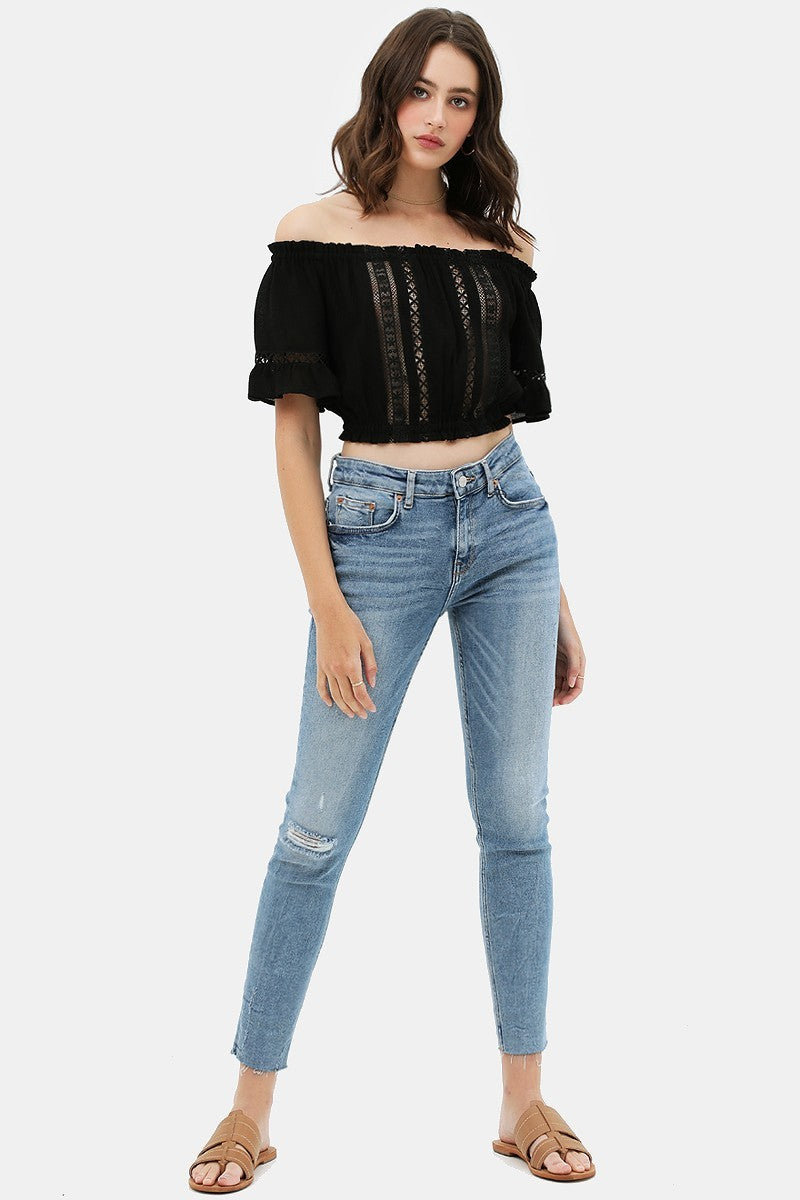 Lace Trim On The Front And Sleeves, Waist Band Cropped Top-Product Type | Naughty Smile Fashion