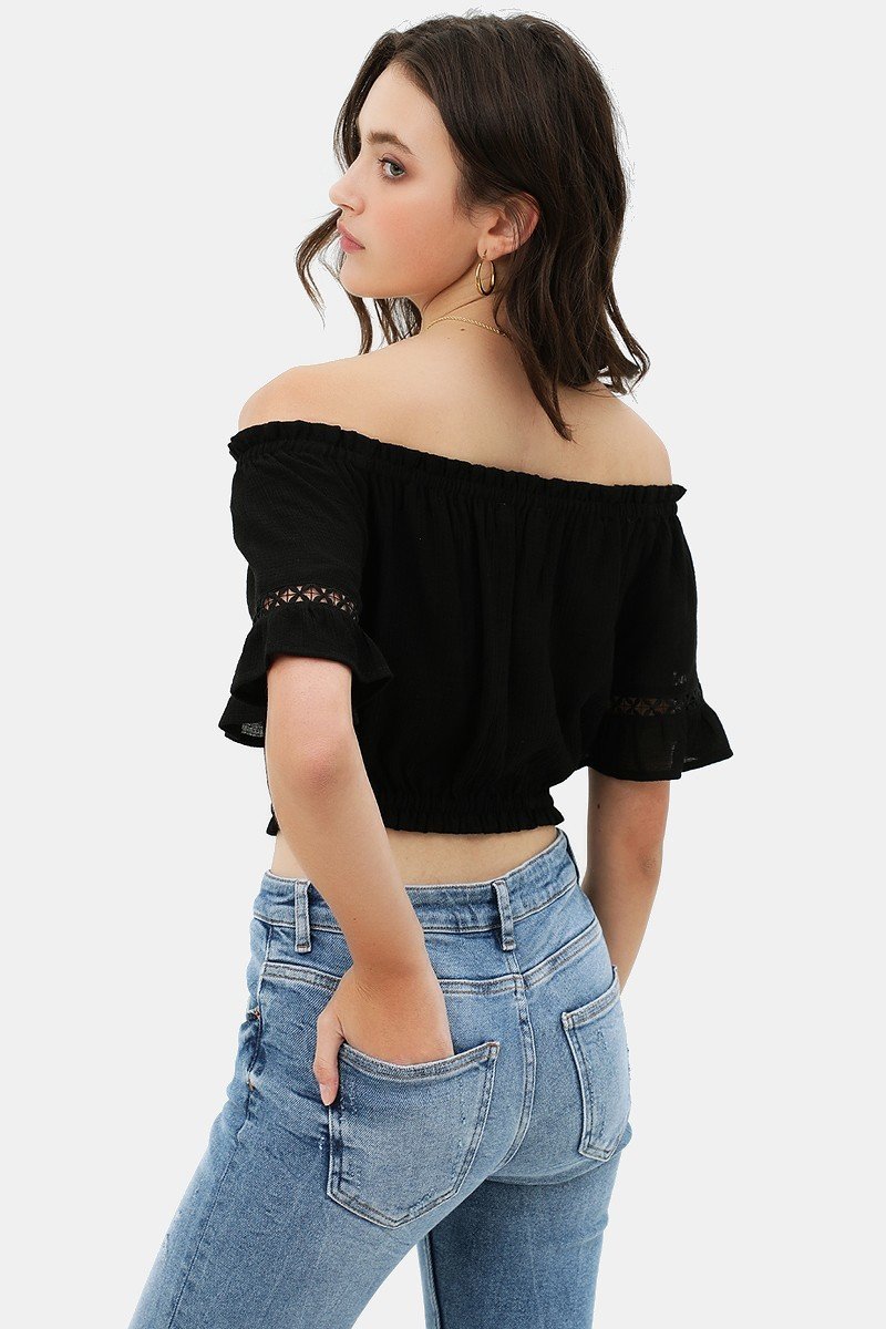 Lace Trim On The Front And Sleeves, Waist Band Cropped Top-Product Type | Naughty Smile Fashion