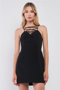 Black Slim Fit Sleeveless V-neck Front Corset Inspired Tie-up Detail Cocktail Mini Dress-Product Type | Naughty Smile Fashion