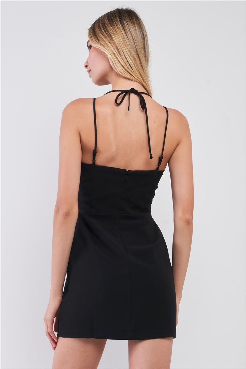Black Slim Fit Sleeveless V-neck Front Corset Inspired Tie-up Detail Cocktail Mini Dress-Product Type | Naughty Smile Fashion