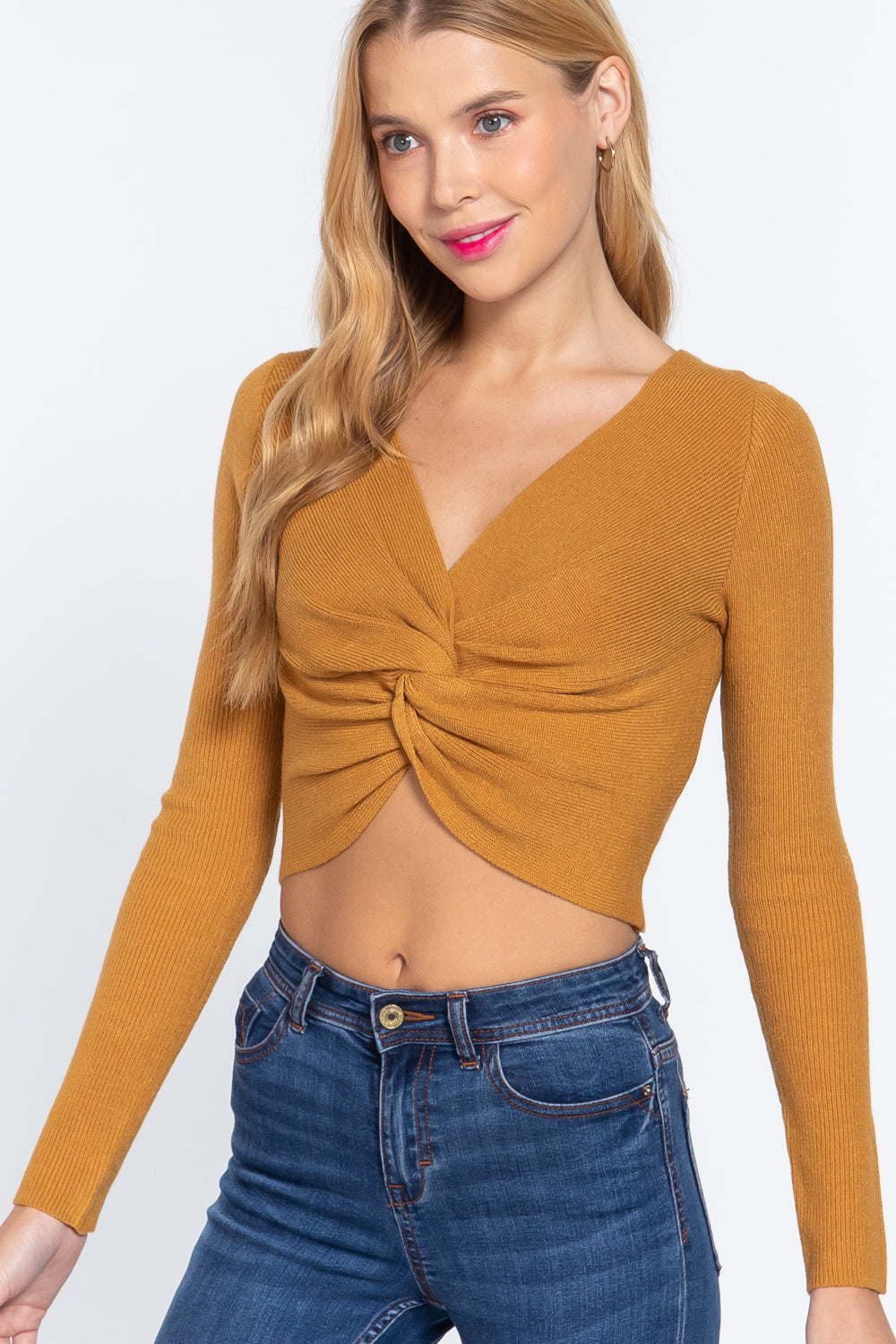 V-neck Front Knotted Crop Sweater-Product Type | Naughty Smile Fashion