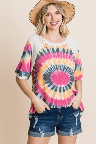French Terry Tie Dye Printed Casual Mini Bubble Sleeves Tunic Top-Product Type | Naughty Smile Fashion