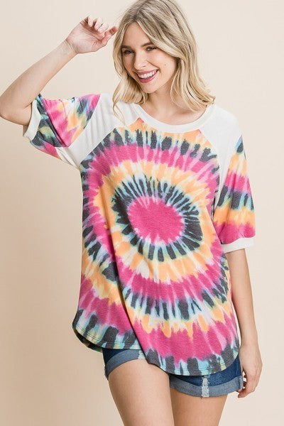 French Terry Tie Dye Printed Casual Mini Bubble Sleeves Tunic Top-Product Type | Naughty Smile Fashion