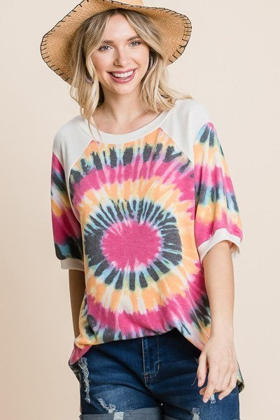 French Terry Tie Dye Printed Casual Mini Bubble Sleeves Tunic Top-Product Type | Naughty Smile Fashion