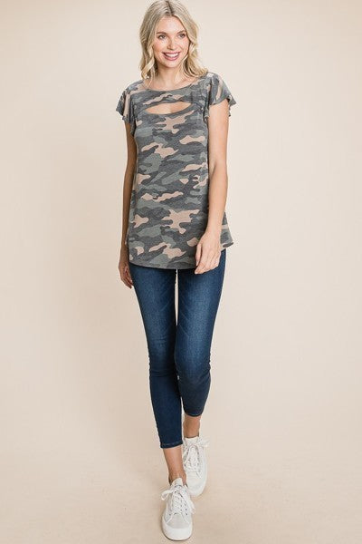 Army Camo Printed Cut Out Neckline Short Flutter Sleeves Casual Basic Top-Product Type | Naughty Smile Fashion
