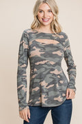 Army Camo Printed Cut Out Neckline Long Sleeves Casual Basic Top-Product Type | Naughty Smile Fashion