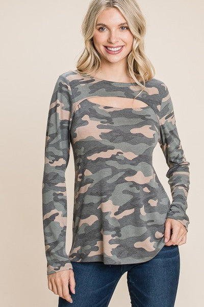 Army Camo Printed Cut Out Neckline Long Sleeves Casual Basic Top-Product Type | Naughty Smile Fashion