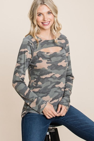 Army Camo Printed Cut Out Neckline Long Sleeves Casual Basic Top-Product Type | Naughty Smile Fashion