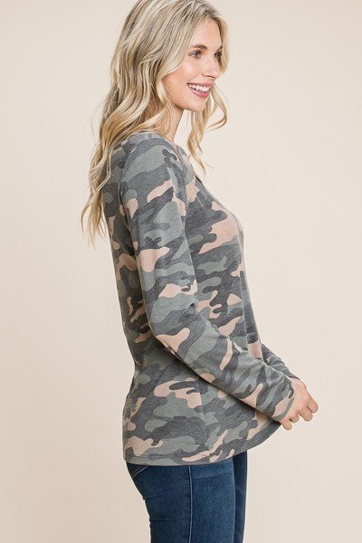 Army Camo Printed Cut Out Neckline Long Sleeves Casual Basic Top-Product Type | Naughty Smile Fashion