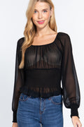 Long Slv Smocked Chiffon Top-Product Type | Naughty Smile Fashion