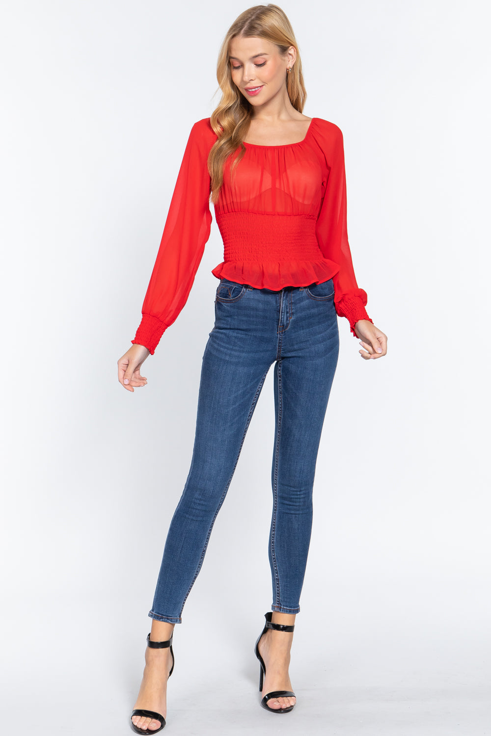 Long Slv Smocked Chiffon Top-Product Type | Naughty Smile Fashion