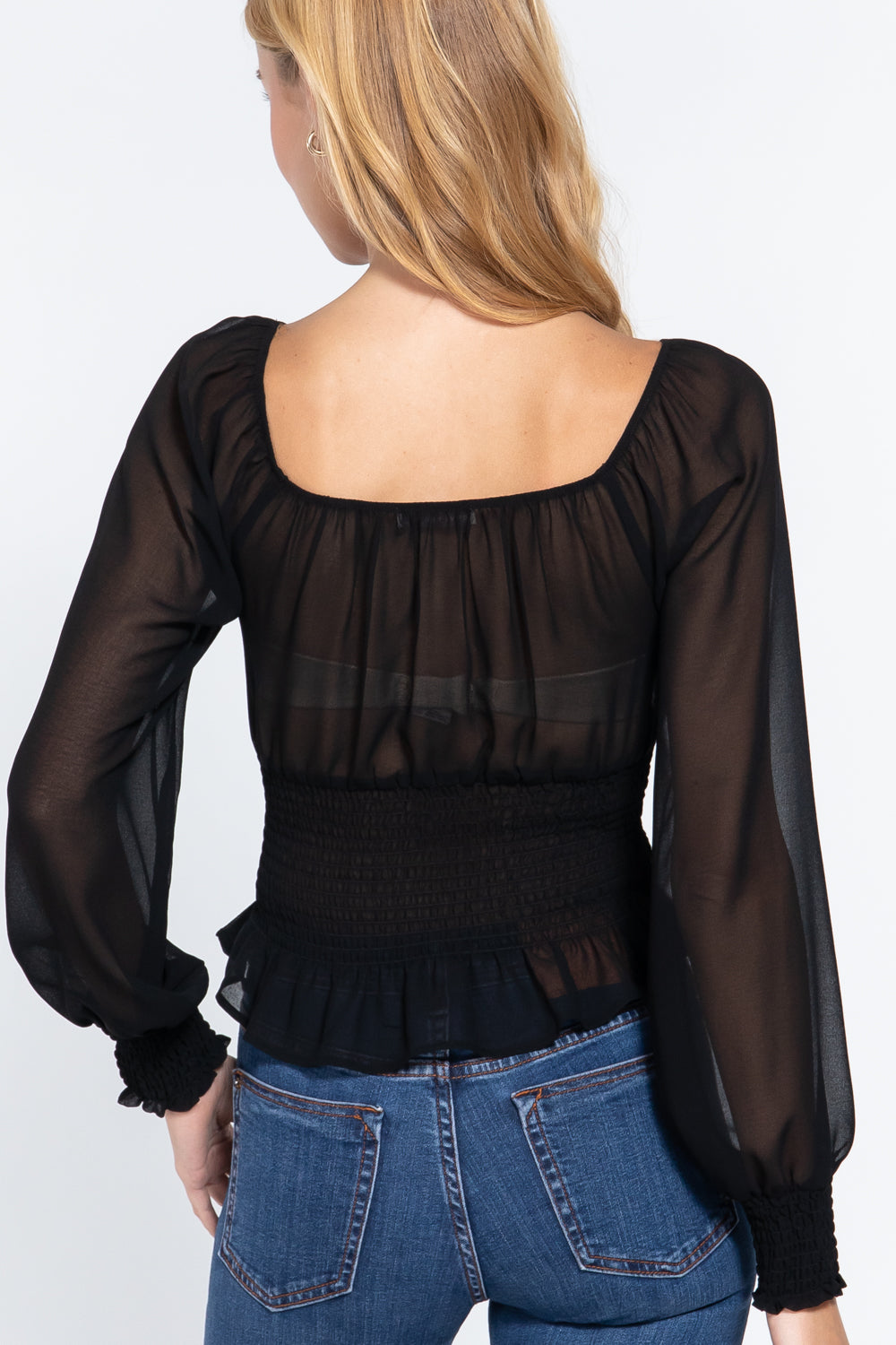 Long Slv Smocked Chiffon Top-Product Type | Naughty Smile Fashion