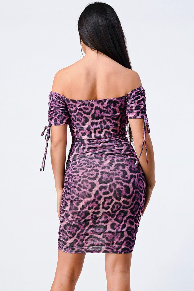 Leopard Print Off Shoulder Shirring Bodycon Dress-Product Type | Naughty Smile Fashion