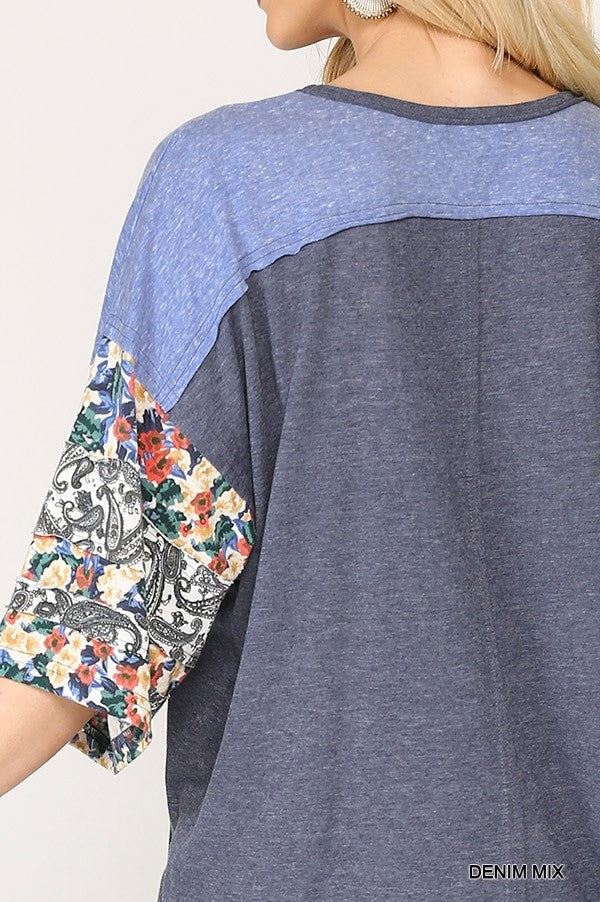 Colorblock Knit And Floral Print Mixed Top With Dolman Sleeve-Product Type | Naughty Smile Fashion