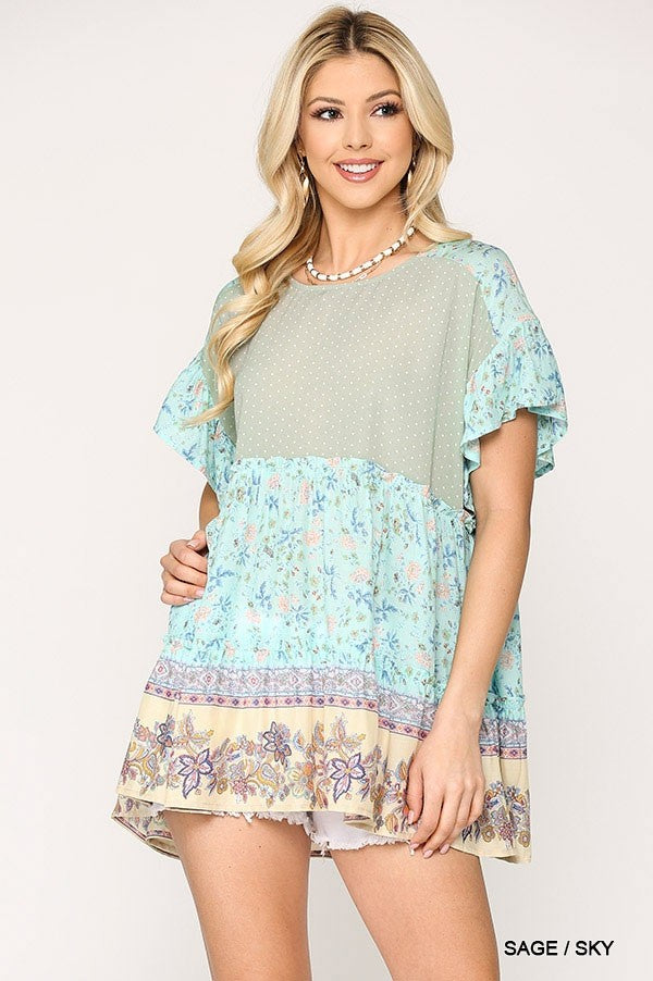 Dot And Floral Print Mixed Ruffle Top With Back Keyhole-Product Type | Naughty Smile Fashion