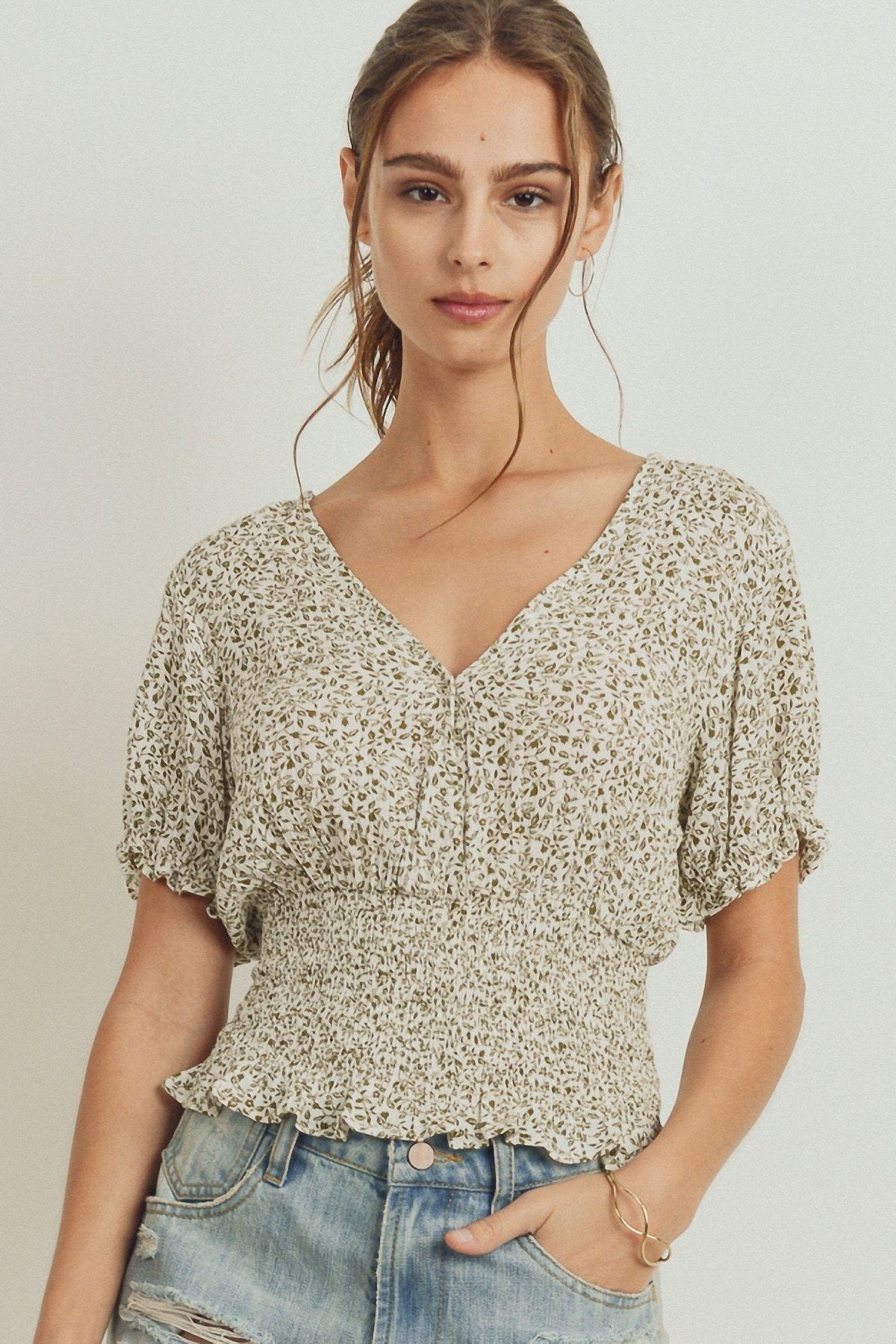 Puff Sleeve Smocked Waist Surplice Top-Product Type | Naughty Smile Fashion