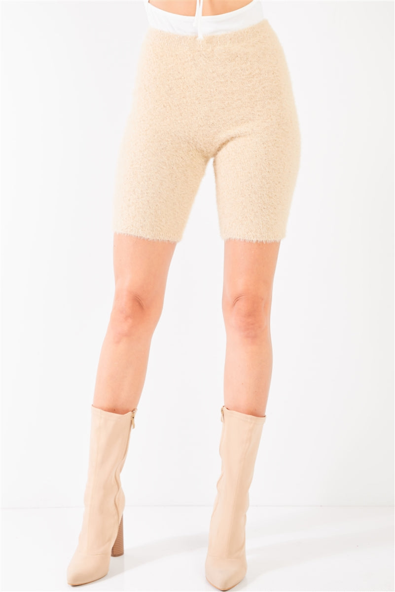 Oatmeal Beige Knit High Waist Stretchy Warm Fuzzy Biker Shorts-Product Type | Naughty Smile Fashion
