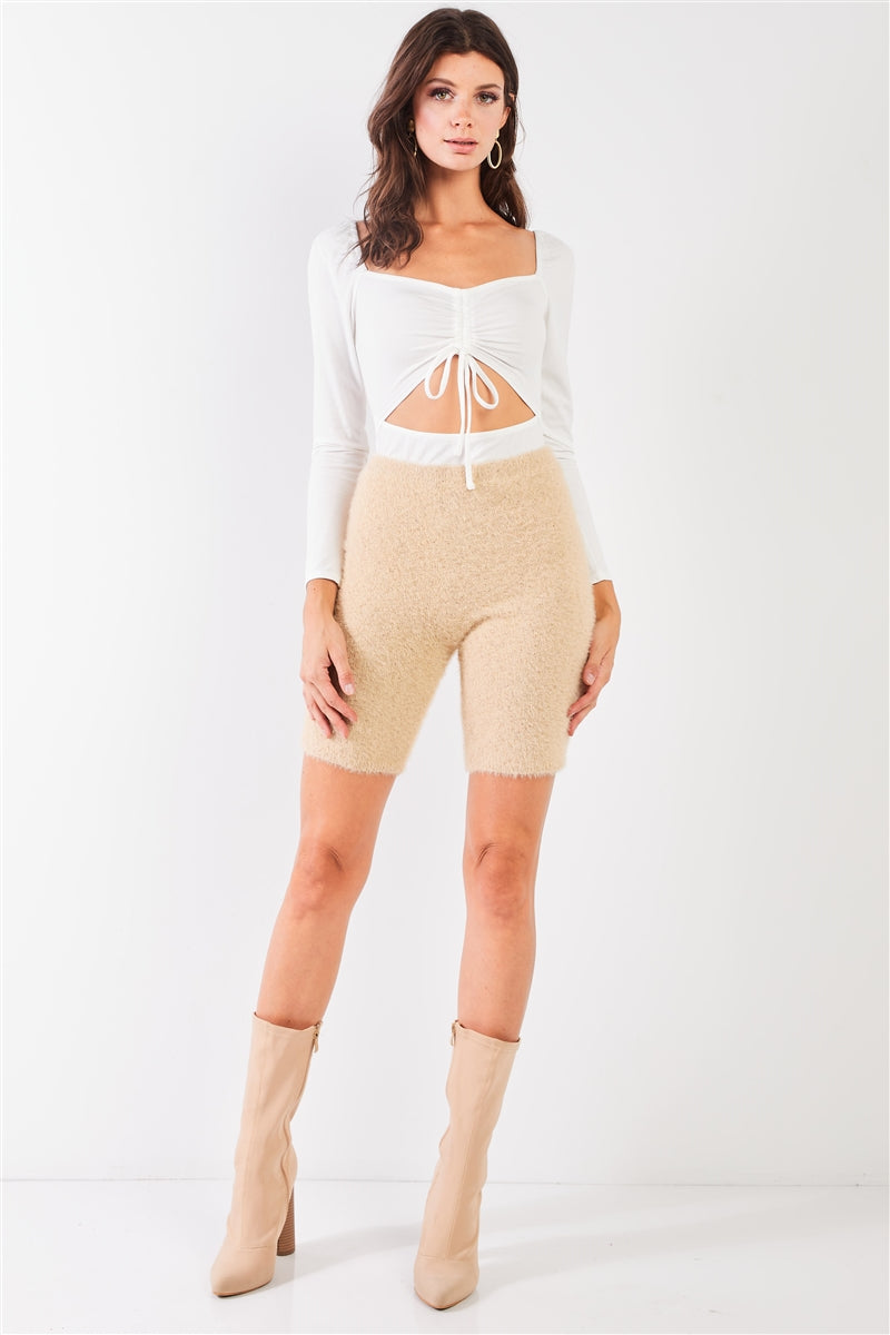 Oatmeal Beige Knit High Waist Stretchy Warm Fuzzy Biker Shorts-Product Type | Naughty Smile Fashion