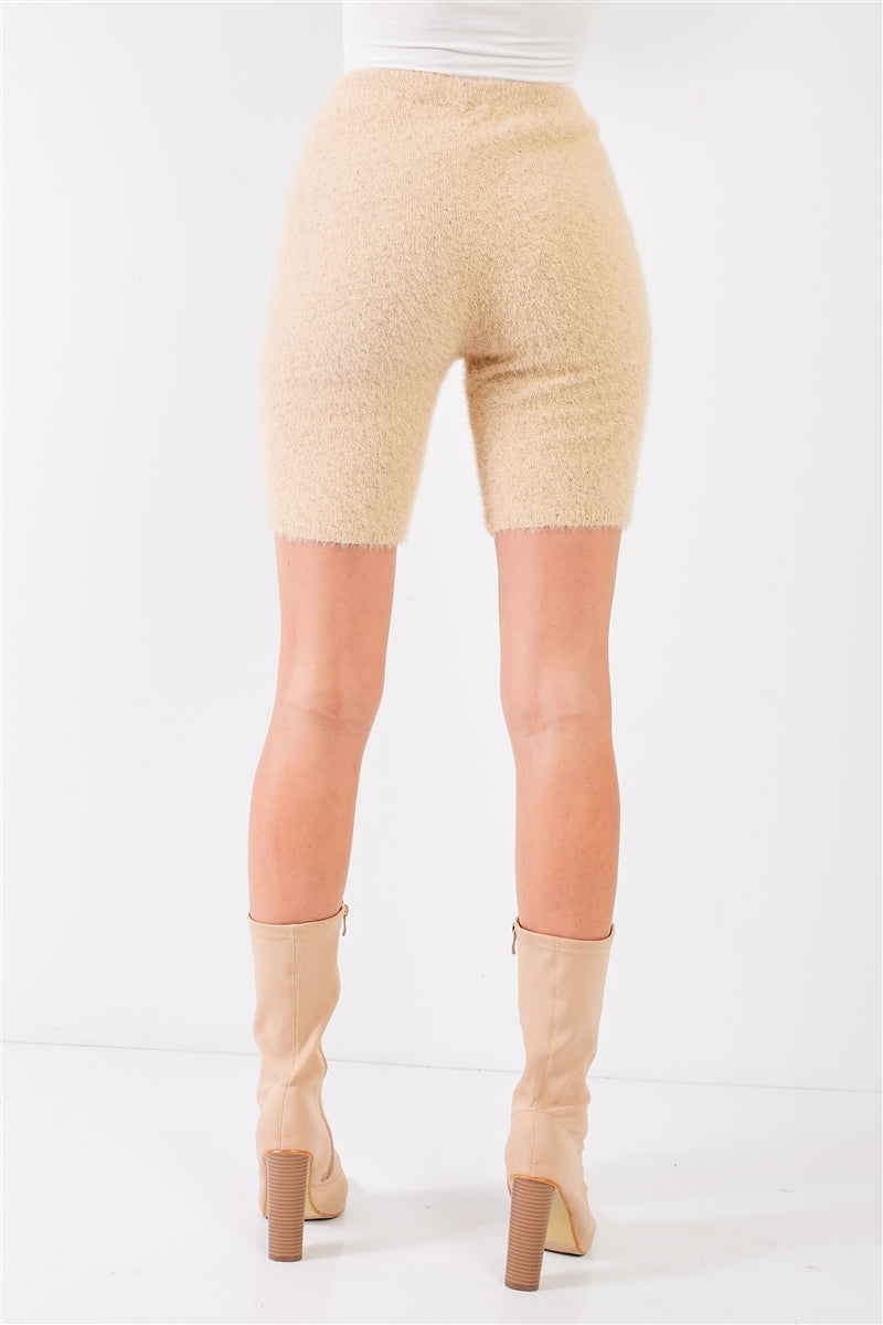 Oatmeal Beige Knit High Waist Stretchy Warm Fuzzy Biker Shorts-Product Type | Naughty Smile Fashion