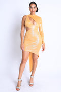 Foil Asymmetric Sleeve And Cut Out Midi Dress-Product Type | Naughty Smile Fashion