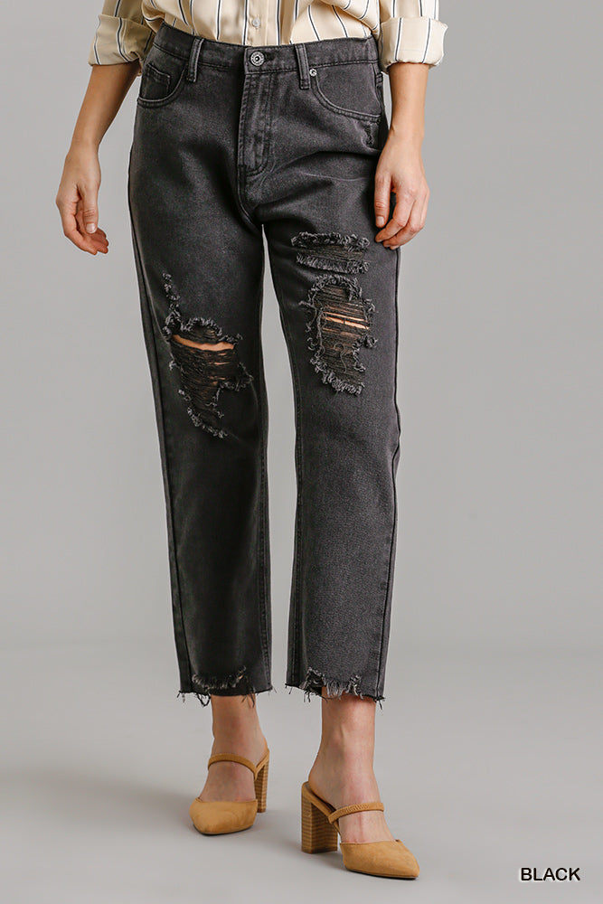 5 Pockets Non-stretch Straight Cut Distressed Denim Jeans With Raw Hem-Product Type | Naughty Smile Fashion