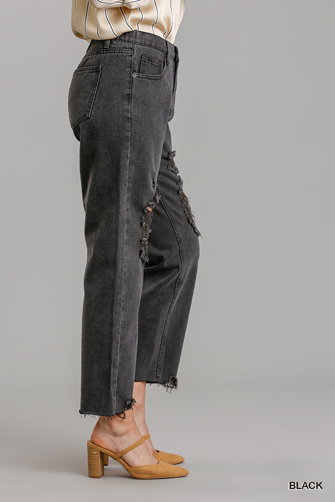 5 Pockets Non-stretch Straight Cut Distressed Denim Jeans With Raw Hem-Product Type | Naughty Smile Fashion
