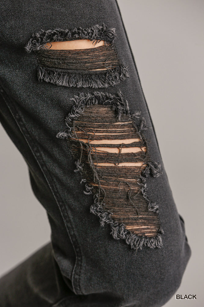 5 Pockets Non-stretch Straight Cut Distressed Denim Jeans With Raw Hem-Product Type | Naughty Smile Fashion