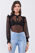 Black Sheer Mesh Polka Dot Frill Trim Long Sleeve Bodysuit-Product Type | Naughty Smile Fashion