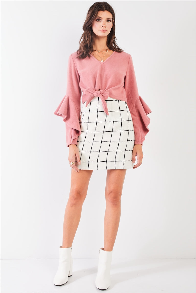 Fuzzy long ruffle sleeve v-neck self-tie front detail cropped top-Product Type | Naughty Smile Fashion