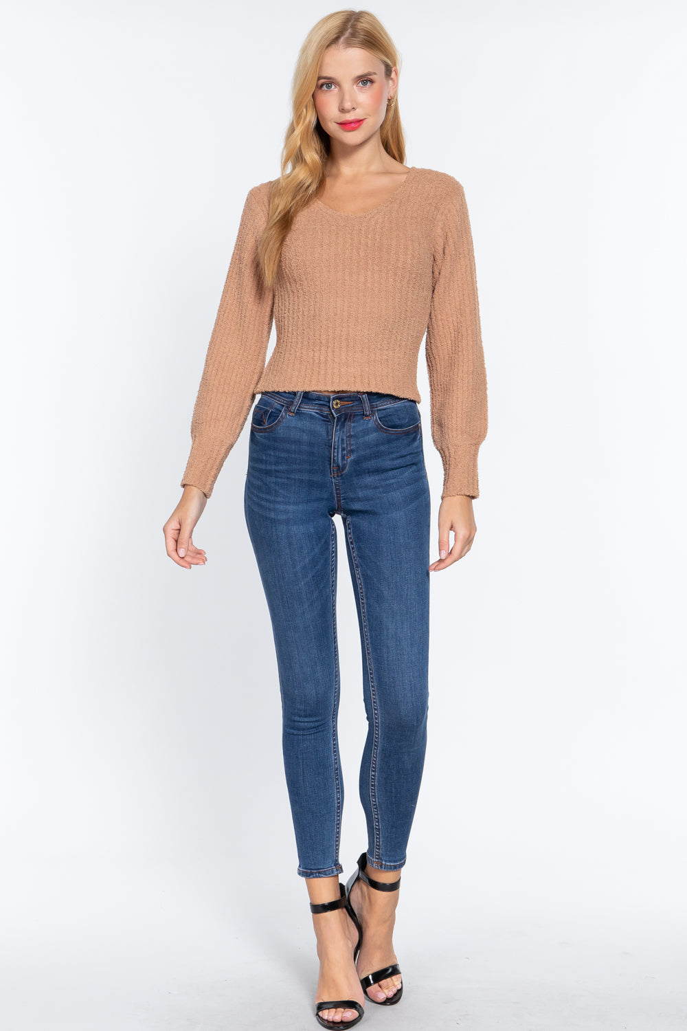 Long Puff Slv V-neck Rib Sweater-Product Type | Naughty Smile Fashion