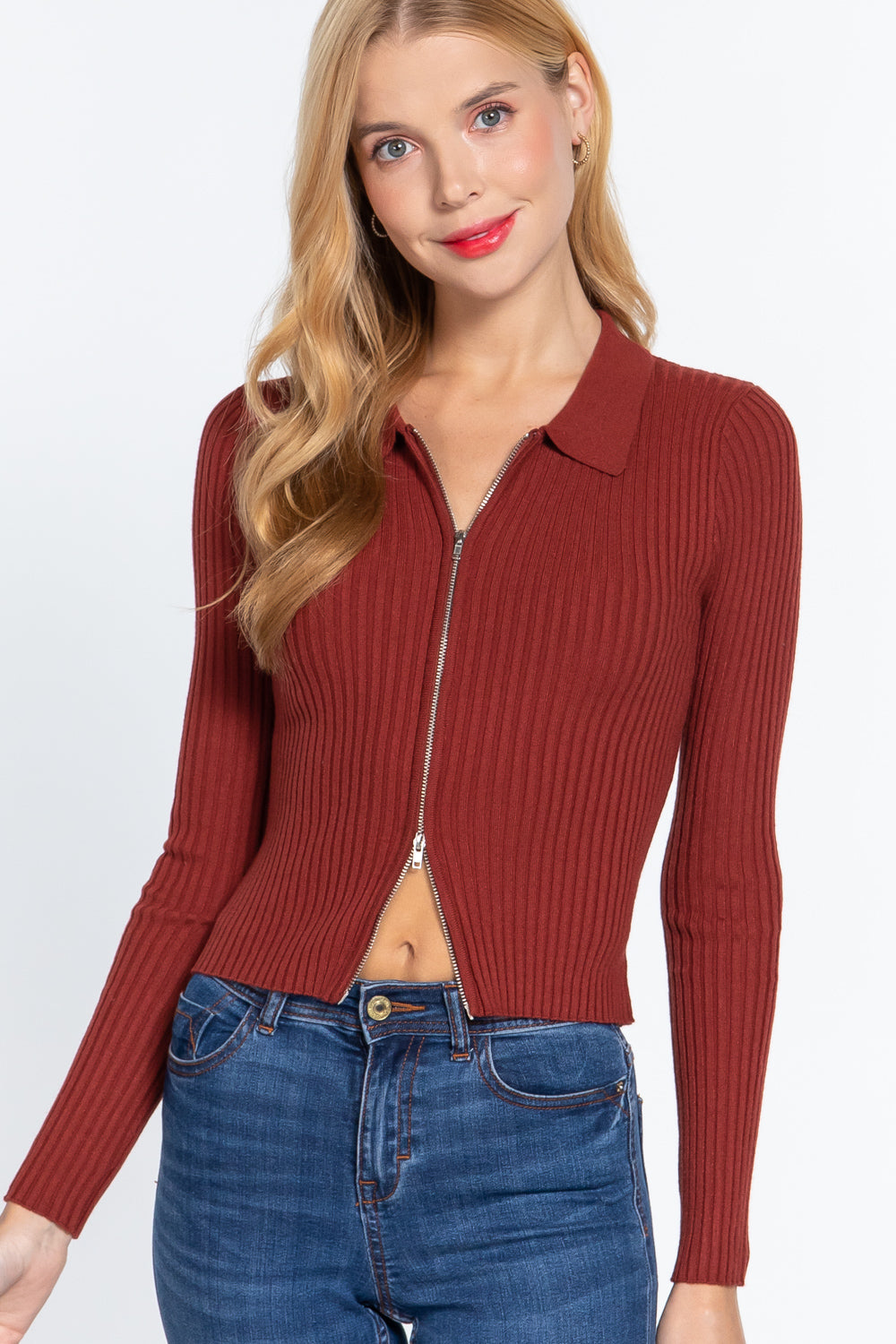 Notched Collar Zippered Sweater-Product Type | Naughty Smile Fashion