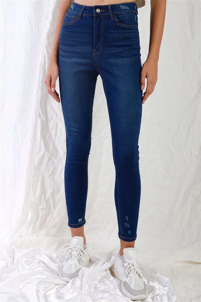 Dark Blue High-waisted With Rips Skinny Denim Jeans-Product Type | Naughty Smile Fashion