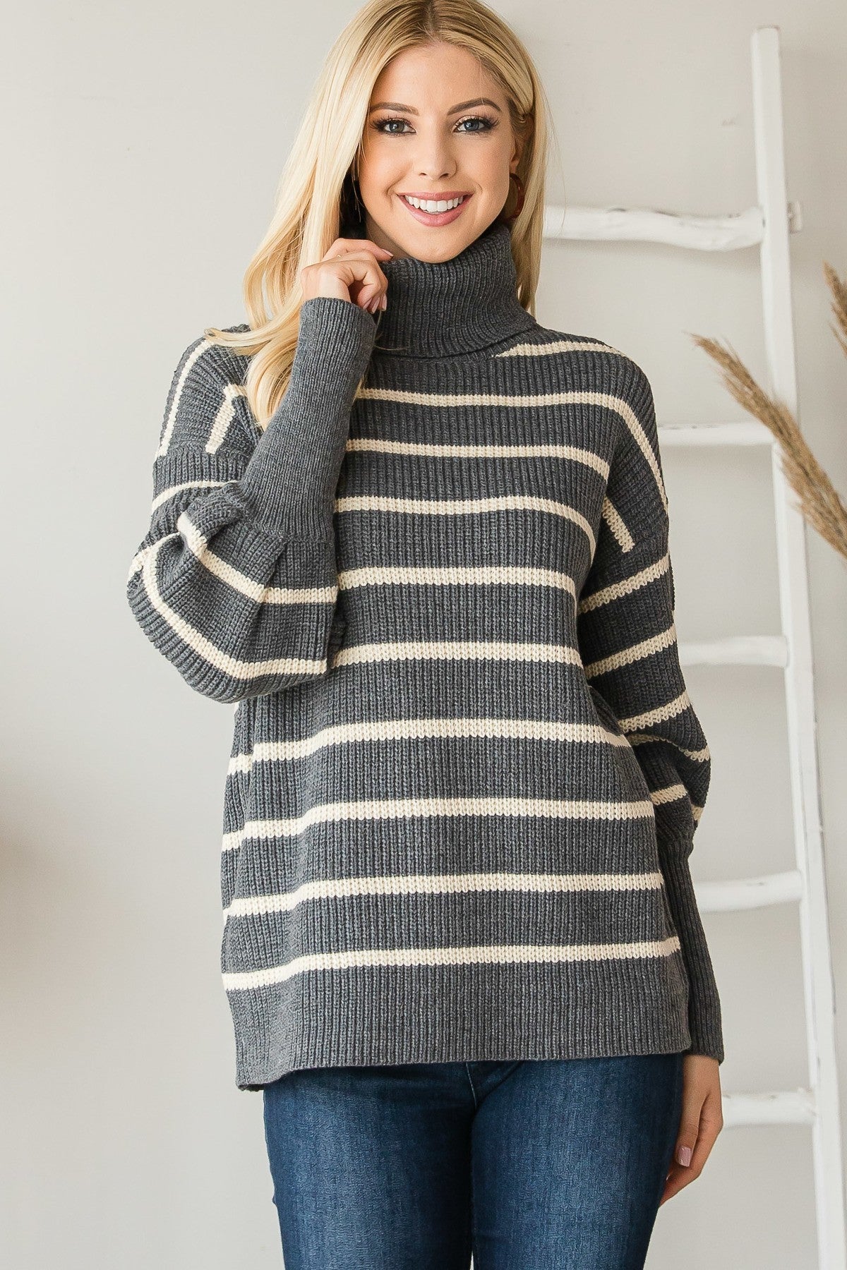 Heavy Knit Striped Turtle Neck Knit Sweater-Product Type | Naughty Smile Fashion