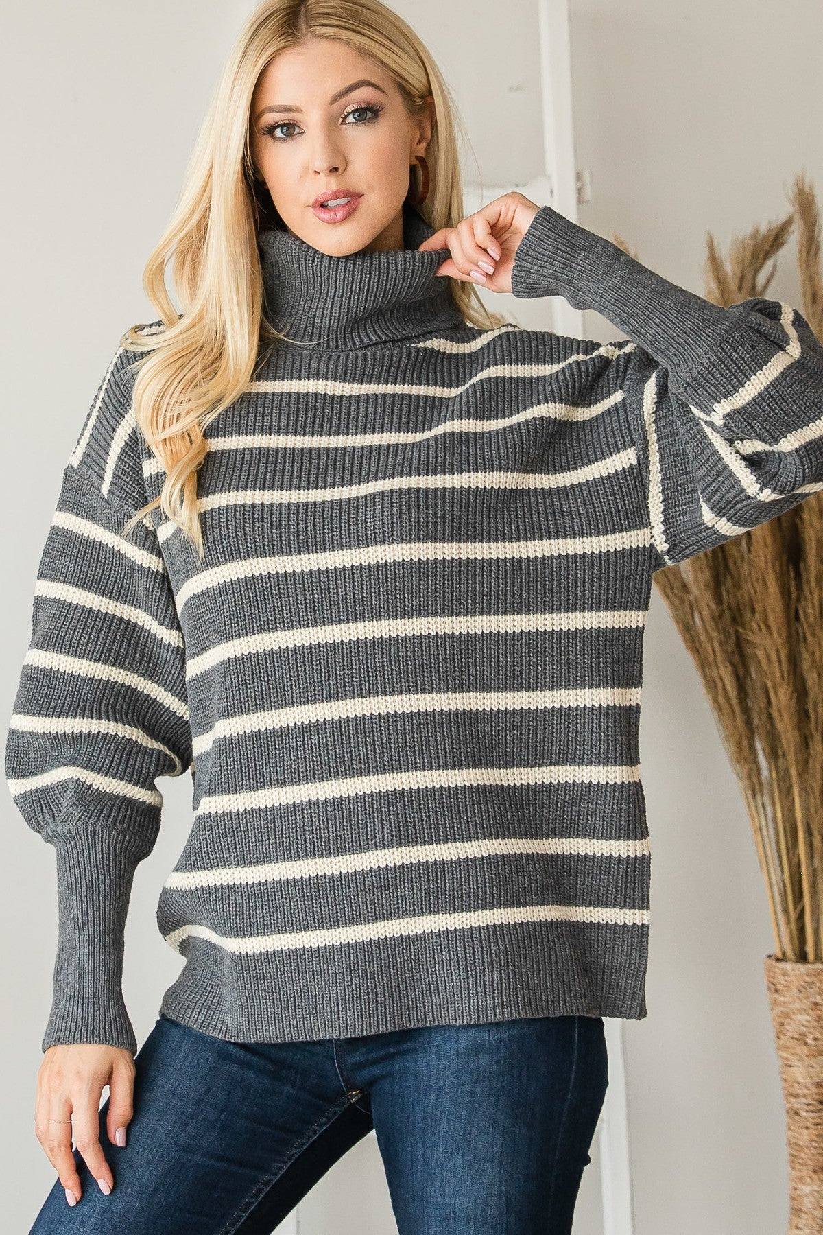 Heavy Knit Striped Turtle Neck Knit Sweater-Product Type | Naughty Smile Fashion