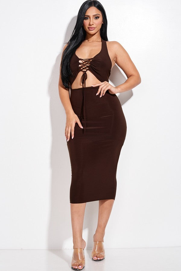 Solid Halter Neck Midi Dress With Criss Cross Front And Cutout-Product Type | Naughty Smile Fashion