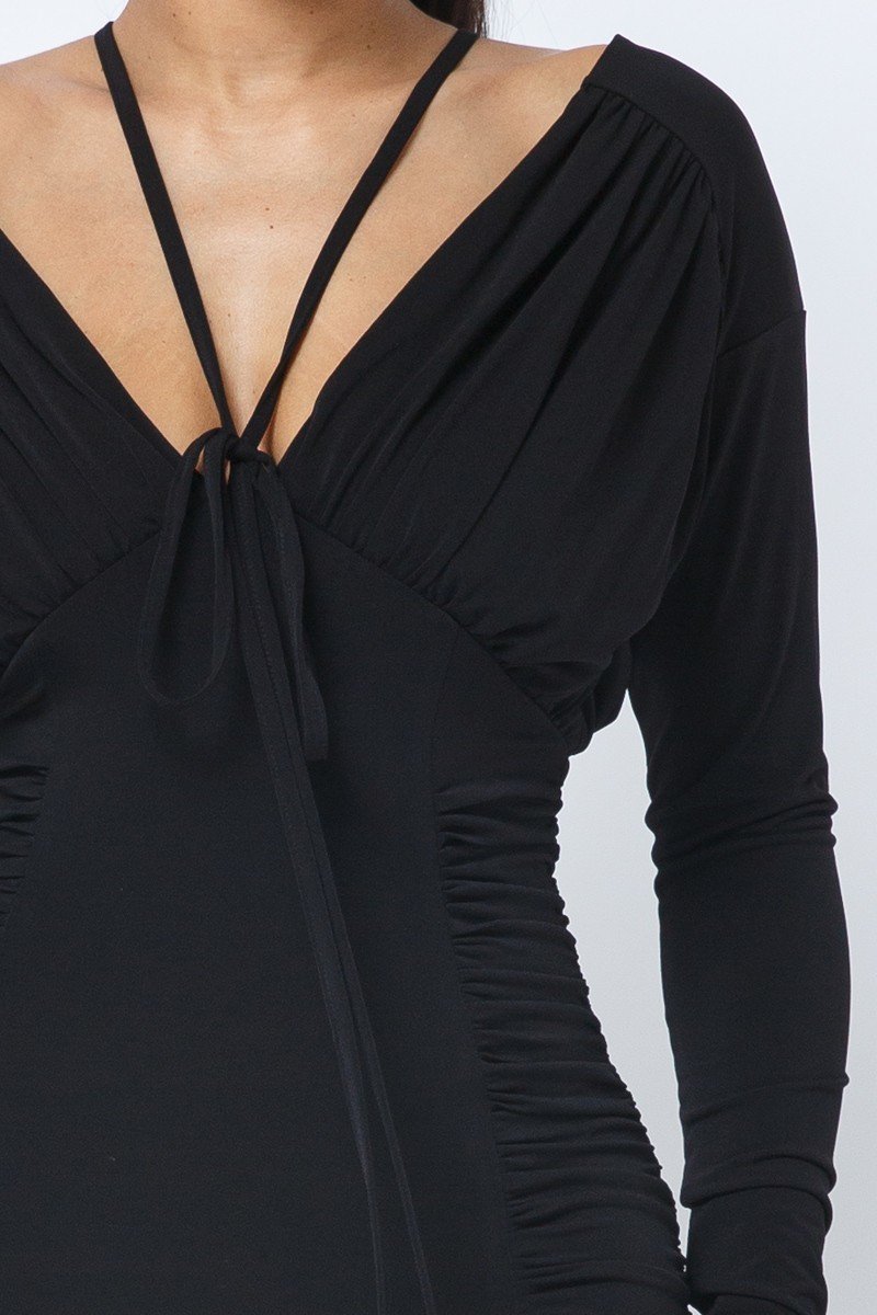 Long Sleeve Midi Dress With Low V Neck Front And Back With Ruching On Sides And Chest-Product Type | Naughty Smile Fashion