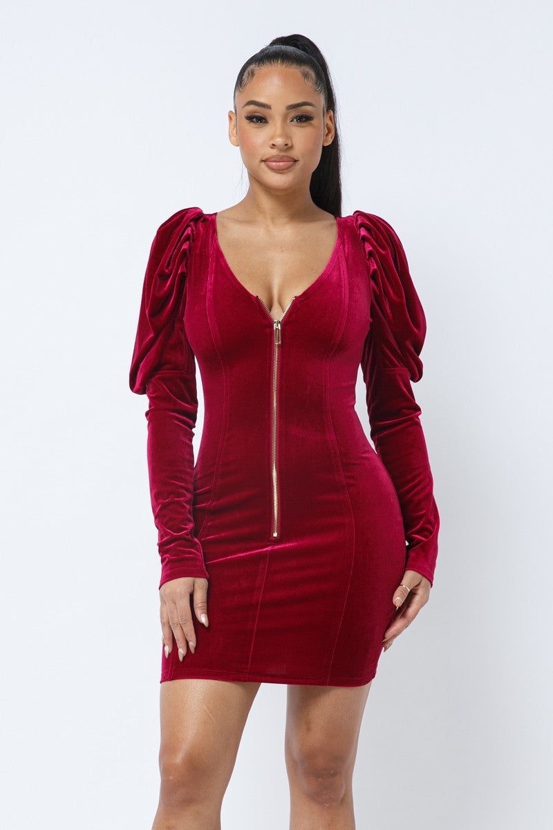 Soft Velvet Pleated Puff Sleeve Low V Neck Front And Back Mini Dress-Product Type | Naughty Smile Fashion