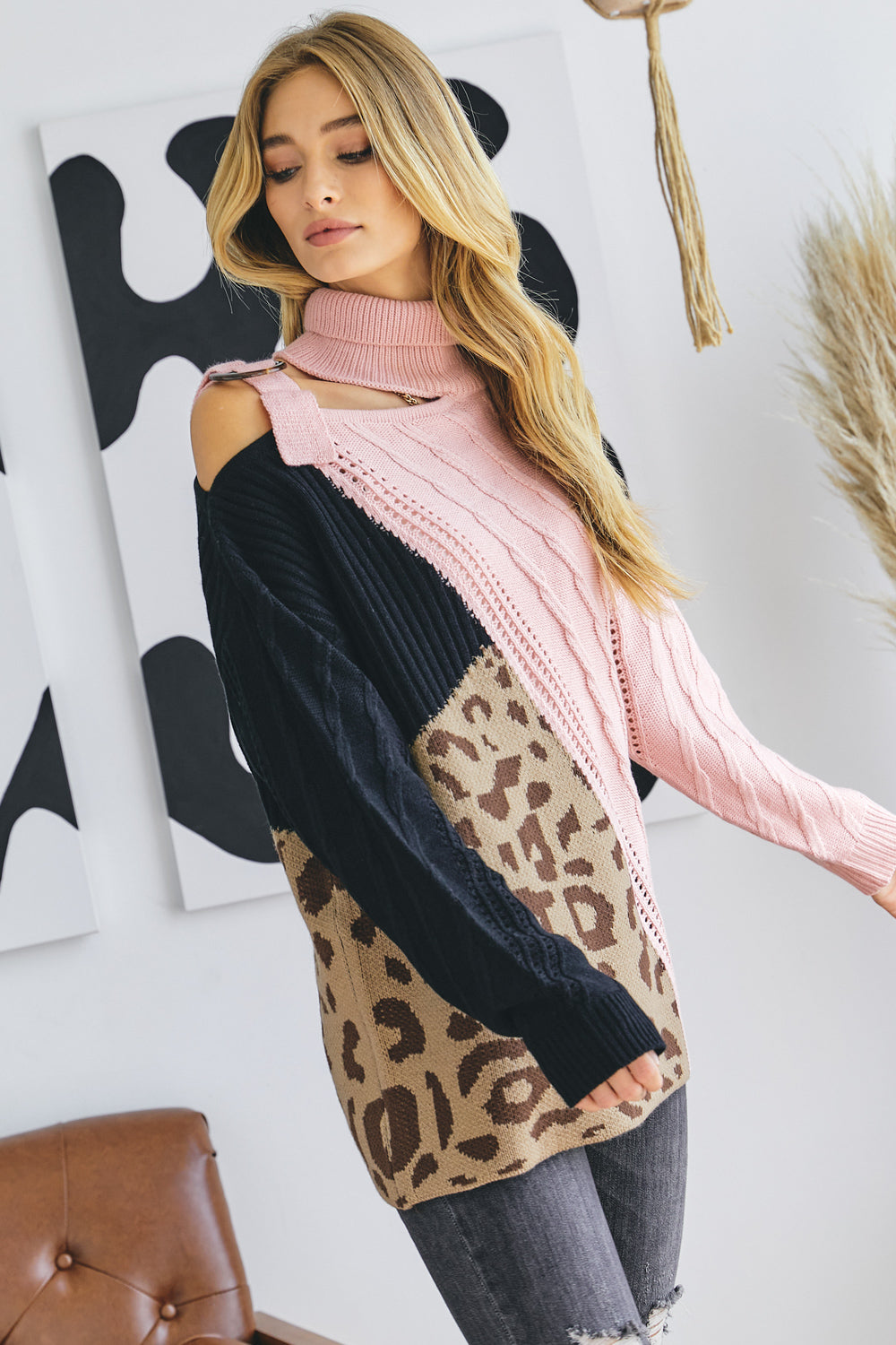 Turtle Neck Color Block Cutout Sweater-Product Type | Naughty Smile Fashion