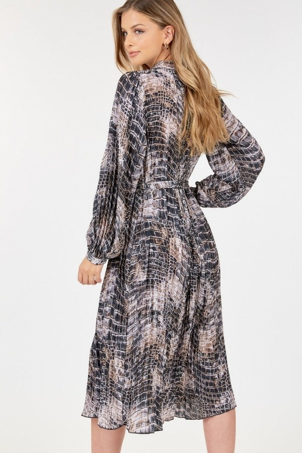 Long Sleeve Pleated Snake Skin Print Midi Dress-Product Type | Naughty Smile Fashion