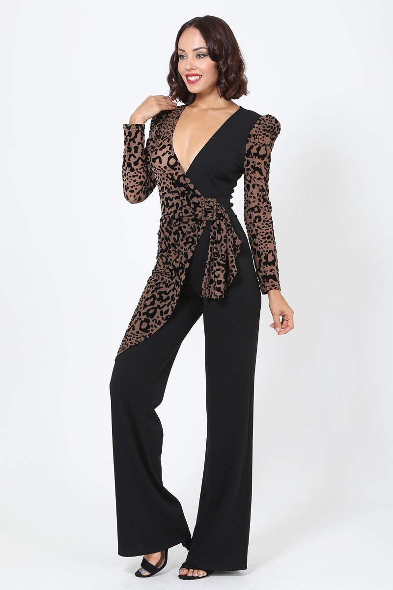 Plunging V Buckle Detail Leopard Jumpsuit-Product Type | Naughty Smile Fashion