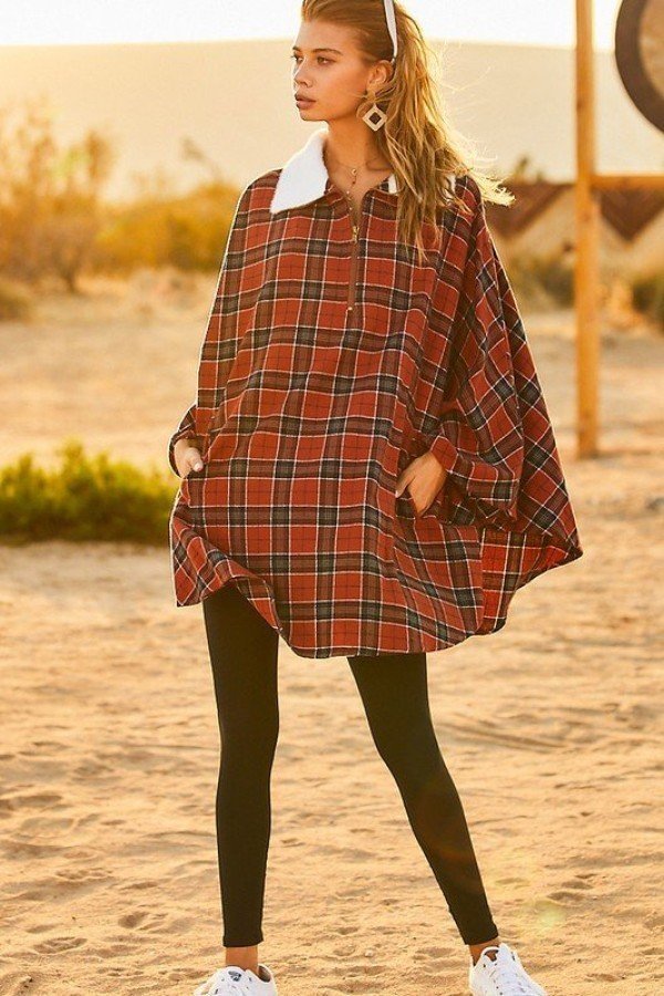 Mock Neck With Zipper Contrast Inside Front Pocket Plaid Poncho-Product Type | Naughty Smile Fashion