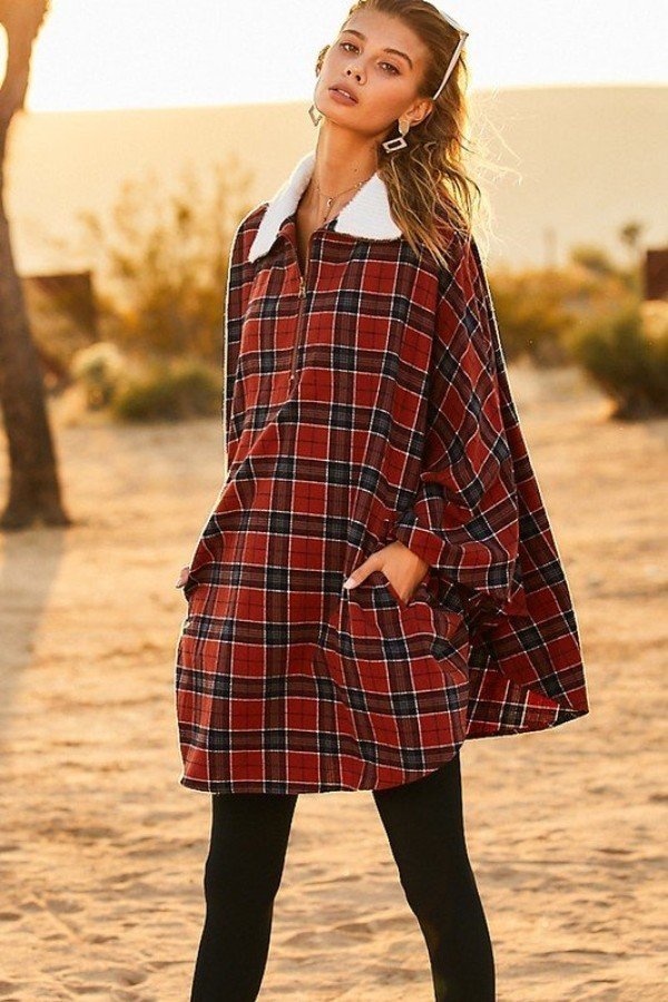 Mock Neck With Zipper Contrast Inside Front Pocket Plaid Poncho-Product Type | Naughty Smile Fashion