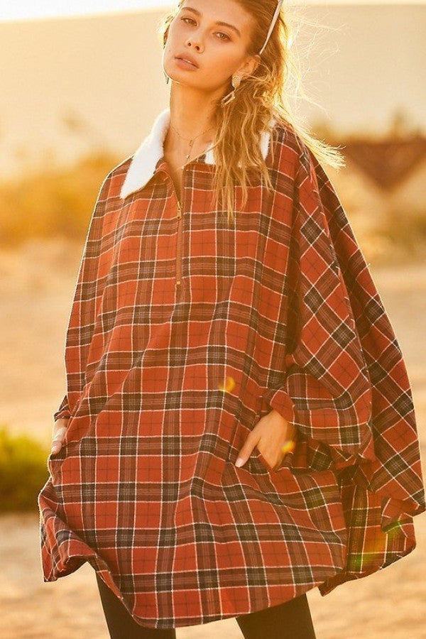 Mock Neck With Zipper Contrast Inside Front Pocket Plaid Poncho-Product Type | Naughty Smile Fashion