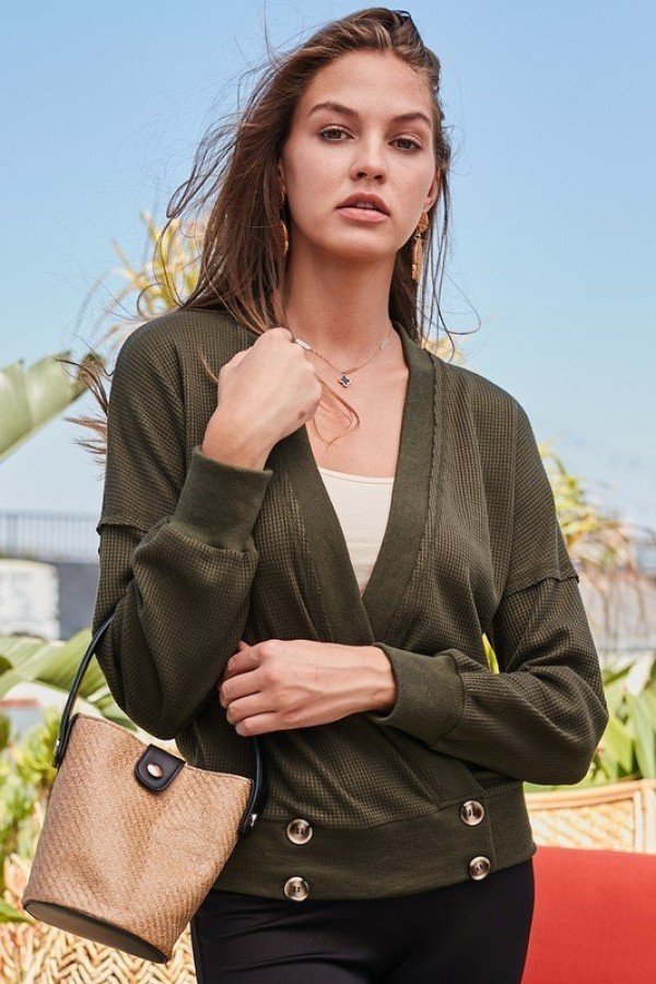 Overwrap Front Button Detail Long Sleeve Knit Top-Product Type | Naughty Smile Fashion