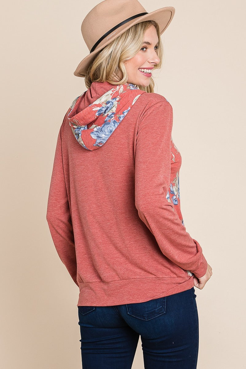 Floral Printed Contrast Hoodie With Relaxed Fit And Cuff Detail-Product Type | Naughty Smile Fashion