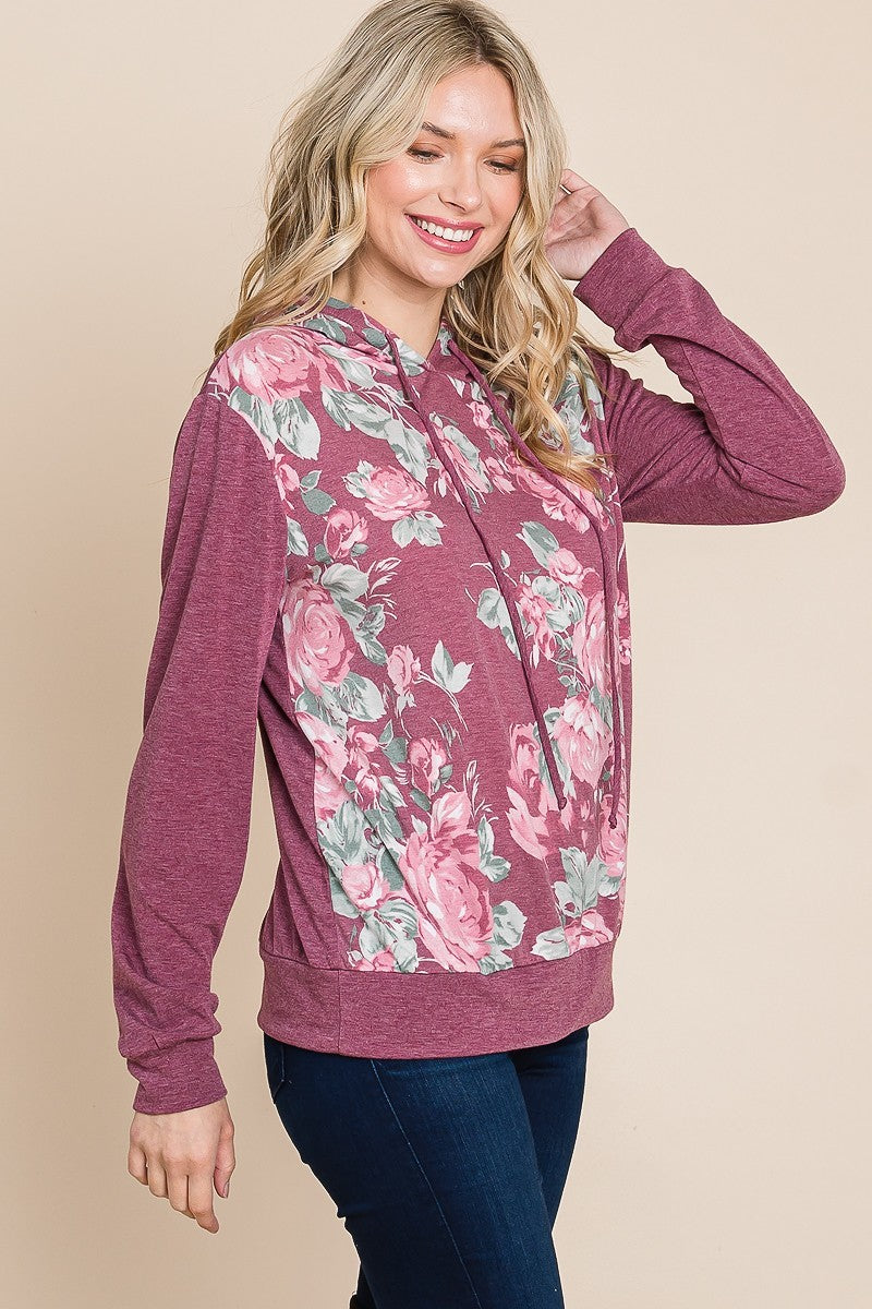 Floral Printed Contrast Hoodie With Relaxed Fit And Cuff Detail-Product Type | Naughty Smile Fashion